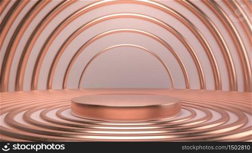 Abstract scene with golden and copper stage, pedestal or podium over golden rings and pink paper background. 3D illustration. Perfect background for presenting, branding or identity of your product or company. Place object or product on podium.. Abstract scene with golden and copper stage, pedestal or podium over golden rings and pink paper background. 3D render. Perfect background for presenting, branding or identity of your product or company. Place object or product on podium.