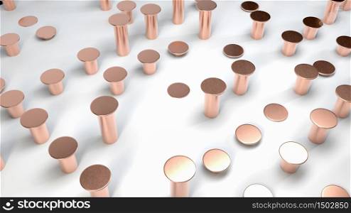 Abstract scene with golden nails on white surface. Perfect image for cosmetics or fashion. Use illustration for decorating interior. 3d render. Abstract scene with golden nails on white surface. Perfect image for cosmetics or fashion. Use illustration for decorating interior. 3d illustration