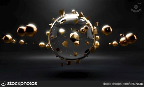 Abstract scene with golden spheres and shapes flying around glass sphere or ball in black dark room. Image for hi-tech or sci-fi advertisement. 3d illustration. Abstract scene with golden spheres and shapes flying around glass sphere or ball in black dark room. Image for hi-tech or sci-fi advertisement. 3d render