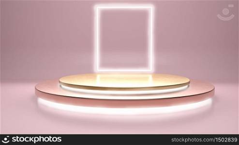 Abstract scene with light portal and golden stage, podium or pedestal in pink studio. 3D render. Perfect image for placing your text or product on podium. Use for cosmetics, food, beverage, entertainment and fashion.. Abstract scene with light portal and golden stage, podium or pedestal in pink studio. 3D illustration. Perfect image for placing your text or product on podium. Use for cosmetics, food, beverage, entertainment and fashion.