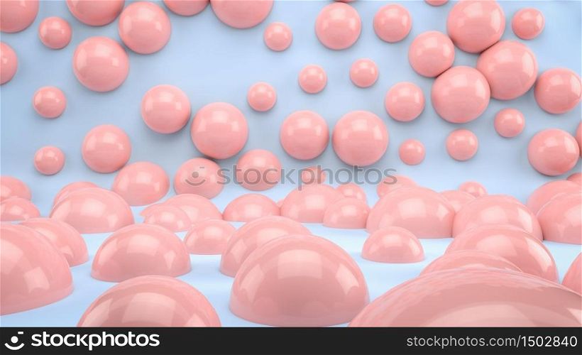 Abstract scene with pink bubbles and spheres on pastel blue background at studio. Perfect image for placing your text or design. Use for cosmetics, food, beverage, entertainment and fashion. 3d render. Abstract scene with pink bubbles and spheres on pastel blue background at studio. Perfect image for placing your text or design. Use for cosmetics, food, beverage, entertainment and fashion. 3d illustration.