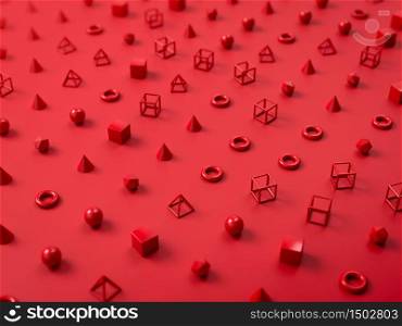 Abstract scene with red pattern made of geometrical shapes on red paper background. 3d Illustration. Abstract scene with red pattern made of geometrical shapes on red paper background. 3D render
