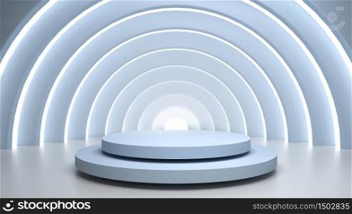 Abstract scene with round blue stage, pedestal or podium in light tunnel over blue background. Place your object or product on pedestal. 3d illustration. Abstract scene with round blue stage, pedestal or podium in light tunnel over blue background. Place your object or product on pedestal. 3d render