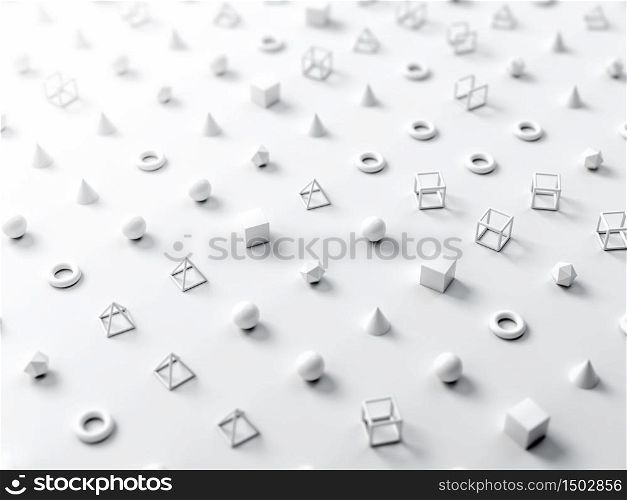 Abstract scene with spheres, cubes, pyramids and geometrical shapes on white paper background. 3d illustration. Abstract scene with spheres, cubes, pyramids and geometrical shapes on white paper background. 3d render