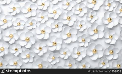 Abstract scene with white and golden flowers on white background. Beautiful decorative backdrop. 3d illustration. Abstract scene with white and golden flowers on white background. Beautiful decorative backdrop. 3d render