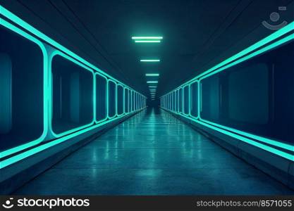 Abstract sci fi futuristic hallway dark room in space station with glowing neon lights background, digital art design 