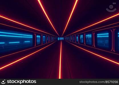 Abstract sci fi futuristic hallway dark room in space station with glowing neon lights background, digital art design 