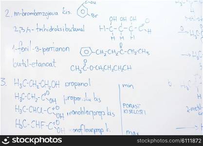 abstract science and chemical molecule structure on white board in school classroom background