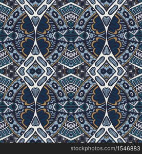 Abstract seamless ornamental blue arabesque medallion damask vector pattern for fabric and ceramic tiles. Vector seamless pattern ethnic tribal geometric ornamental textile natural colours print
