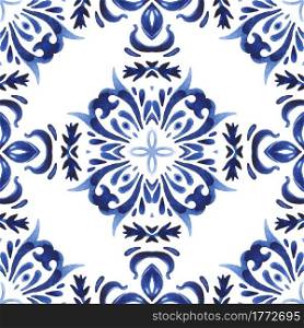 Abstract seamless ornamental watercolor damask arabesque paint pattern. Gorgeous ceramic tile design. Abstract blue and white hand drawn tile seamless ornamental watercolor paint pattern.