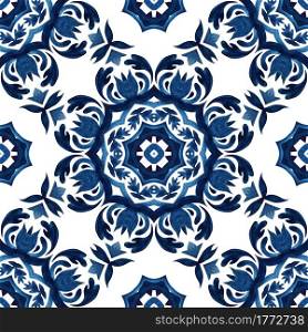 Abstract seamless ornamental watercolor damask indigo paint pattern. Mediterranean flower motif. Gorgeous ceramic tile design. Abstract blue and white hand drawn tile seamless abstract textured damask ornamental watercolor paint pattern.