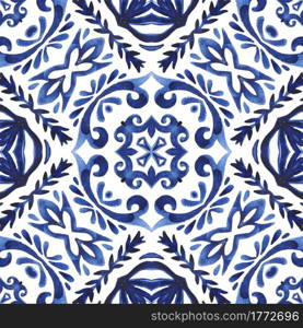 Abstract seamless ornamental watercolor damask persian paint pattern. Azulejo style ceramic design. Mediterranean tile.. Abstract blue and white hand drawn tile seamless ornamental watercolor paint pattern.