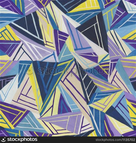 Abstract seamless pattern Colorful geometric wallpaper. An interesting pattern of triangles is painted with acrylics. Texture drawing. Element for design in retro style.