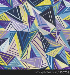Abstract seamless pattern Colorful geometric wallpaper. An interesting pattern of triangles is painted with acrylics. Texture drawing. Element for design in retro style.
