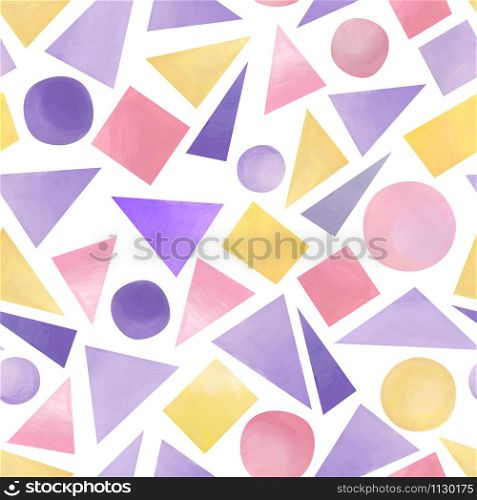 Abstract seamless pattern. Geometric shapes in pastel colors on a white background. Universal colorful wallpaper. Element for design in retro style.