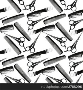 Abstract seamless pattern of black-and-white hair-dressing tools. Isolated on white background. Close-up. Studio photography.