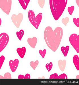 Abstract seamless pattern of bright pink hearts on white background. Image for wallpaper, textile, scrapbooking, poster or cover. Vector illustration.. Abstract seamless pattern of pink hearts on white background.