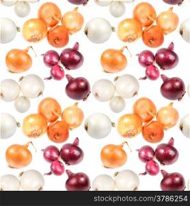 Abstract seamless pattern of multicolored fresh onions. Isolated on white background. Close-up. Studio photography.