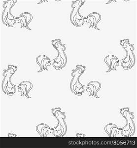 Abstract seamless pattern of outlines of a rooster on a gray background.
