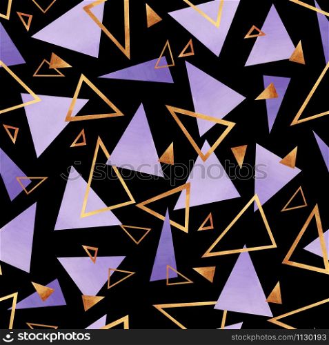 Abstract seamless pattern. Triangles in pastel and gold colors on a black background. Universal colorful geometric wallpaper. Element for design in retro style.