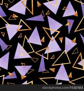 Abstract seamless pattern. Triangles in pastel and gold colors on a black background. Universal colorful geometric wallpaper. Element for design in retro style.