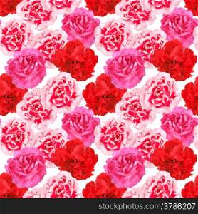 Abstract seamless pattern with red and pink flowers of carnations. Isolated on white background. Close-up. Studio photography.