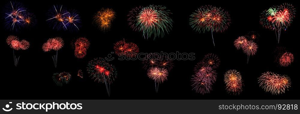 abstract set of Fireworks light up the dark sky background