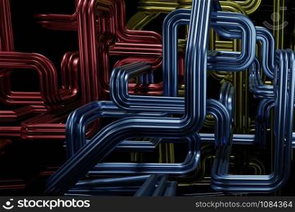 Abstract shape of tube or pipe on dark background. Red, blue, yellow of industrial pipe line. 3D illustration.