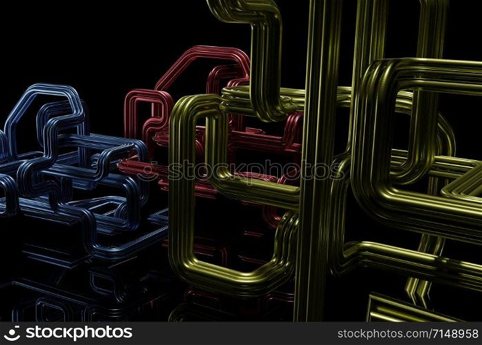 Abstract shape of tube or pipe on dark background. Red, blue, yellow of industrial pipe line. 3D illustration.