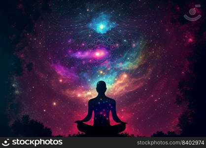 Abstract silhouette of man with universe meditation enlightenment background, illustration design, mindful and spiritual concept