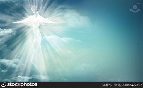 Abstract silhouette resurrection of Jesus Christ after the crucifixion. Background with sky clouds bright rays and sunlight. Heaven. Spirituality. Christian religious banner copy space