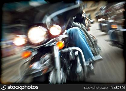 Abstract slow motion, bikers riding motorbikes, drivers racing on a bikes, front view, blur movement, summer road trip, speed concept, freedom