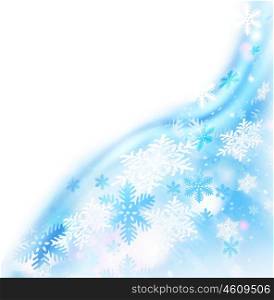 Abstract snowflake decorative border, beautiful blue cold ornamental background with falling snow and white text space, winter holidays frame, Christmas and New Year design