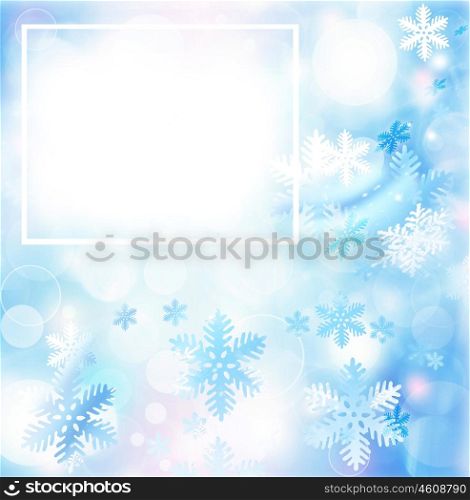 Abstract snowflake decorative frame, beautiful blue cold ornamental background with falling snow and white text space, winter holidays bokeh, Christmas and New Year design