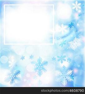 Abstract snowflake decorative frame, beautiful blue cold ornamental background with falling snow and white text space, winter holidays bokeh, Christmas and New Year design