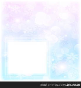 Abstract snowflake decorative frame, beautiful blue cold ornamental background with falling snow and white text space, winter holidays border with bokeh, Christmas and New Year design