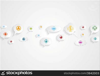 Abstract social communication icons background. Abstract social communication background. Bright business icons on speech bubbles
