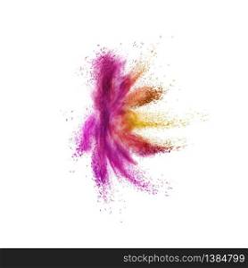 Abstract splash from multicolored powder or dust in the shape of flower on a white background, copy space.. Colorful powder or dust explosion on a white background.