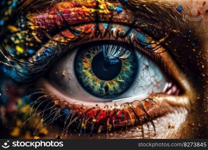 Abstract splash of colors in creative eye makeup. Beautiful woman’s eye captured in close-up with dramatic details. Perfect for artistic expression and beauty photography. AI Generative.