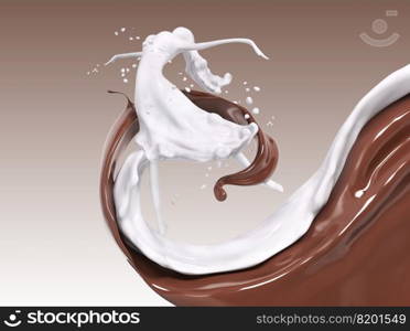 Abstract splash or stream, flow of hot melted chocolate sauce or syrup, cocoa drink and milk in form of dancing woman, circle  isolated 3d rendering