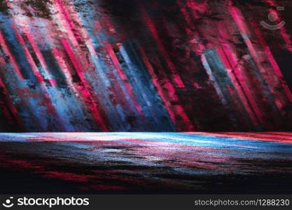 Abstract sport background concept with blurred diagonal blue and magenta lines in the dark, with colored light on the floor
