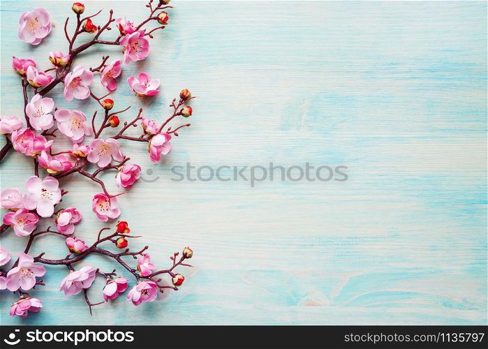 Abstract spring background of painted blue board with branch of flowering cherry branch covered with pink flowers