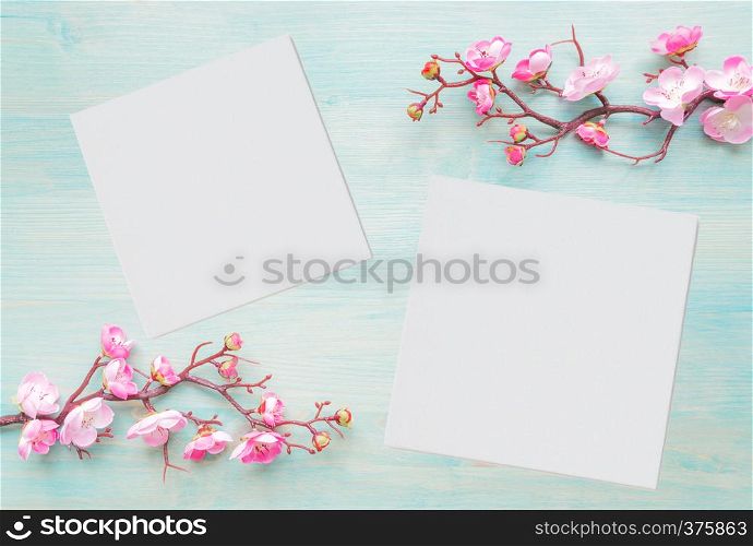 Abstract spring background of painted blue board with branch of flowering cherry branch covered with pink flowers and with two white paper sheets as copy-space