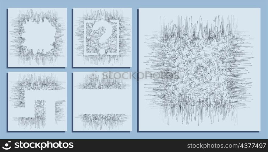 abstract square backgrounds of small hand drawn chaotic lines curves. Random children doodles of scribbles. Isolated vector