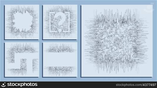 abstract square backgrounds of small hand drawn chaotic lines curves. Random children doodles of scribbles. Isolated vector