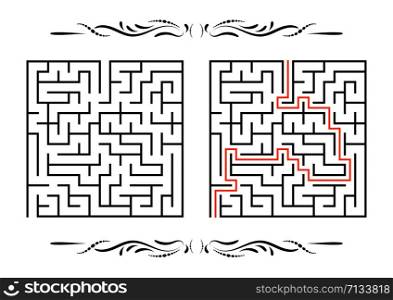 Abstract square maze. Game for kids. Puzzle for children. One entrance, one exit. Labyrinth conundrum. Flat vector illustration isolated on white background. With answer. With a vintage border