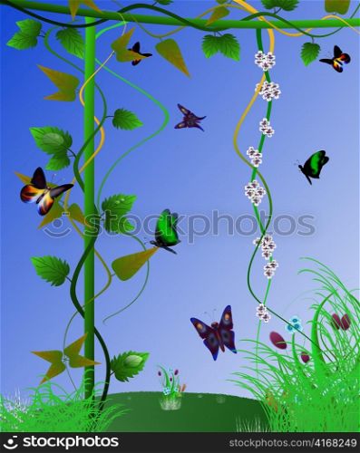 abstract summer landscape with flowers and butterflies