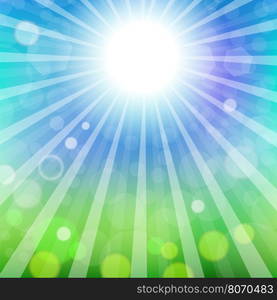 Abstract Sun Background. Blue Summer Pattern. Bright Background with Sunshine. SunBurst with Flare and Lens.. Abstract Sun Background