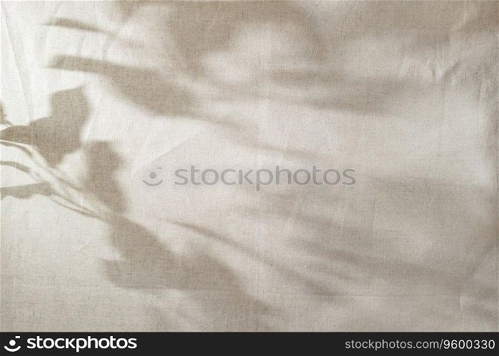 Abstract sun light shadow silhouette on a beige textile, aesthetic floral background, copy space. Abstract sun light shadow silhouette on beige textile, aesthetic floral background, copy space