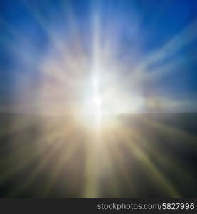 Abstract sunset- shining sun with sunbeams on the blue sky background